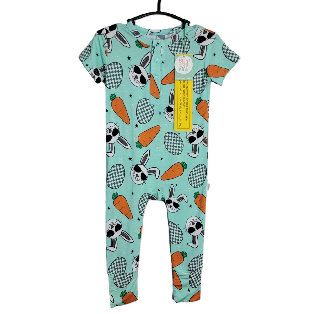 Gigi and Max Bamboo Romper 6-12M Mint Green Easter Bunny Carrot‎ NWT